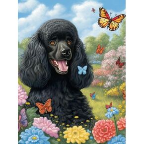 DIY Diamond Painting by Truments Black Poodle in Flower Garden Full Drill Round Diamond Diamond Cross Stitch Mosaic Crystal Rhinestone Arts and Craft Mosaic Art Kits 30x40cm