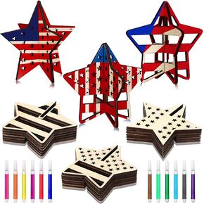Honoson 24 PCS Wood Star DIY DIY Crafts Labor و Memorial Day Cletouts 3D Star 12 Pens Pens Color Your 4th of July Table Tier Tier Decor