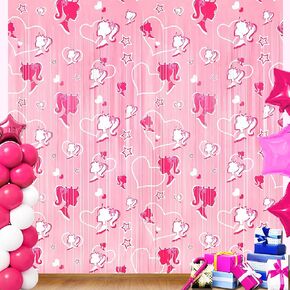 3Pack Pink Girls Theme Birthday Party Decoration, 2Pcs 3.3x6.6ft Tinsel Foil Fringe Curtains and 1Pcs Banner, Hot Pink Photo Booth Prop Backdrop Streamer, for Girls Woman Birthday Party Decor Supplies