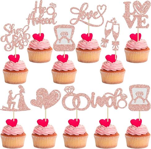 Ephlyn 30Pcs He Asked She Said Yes Cupcake Toppers Glitter Engagement Cupcake Toppers Diamond Ring Heart Love I Do Cupcake Picks for Engagement Wedding Party Cake Decorations Rose Gold in Saudi Arabia