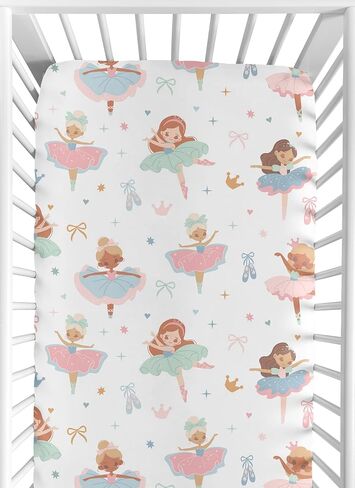 Sweet Jojo Designs Ballerina and Bows Girl Baby Fitted Crib Sheet for Infant Newborn Nursery Toddler Bed Room Standard Mattress Ballet Shoes Dancer Hearts Sparkles Crowns Princess Tutu Pink Blue Green in Kuwait