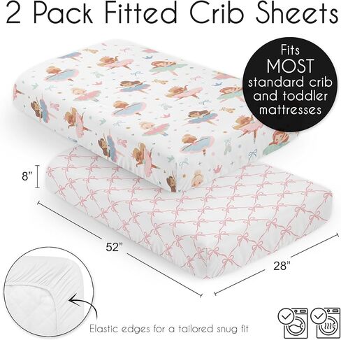 Sweet Jojo Designs Ballerina and Bows Girl Baby Fitted Crib Sheet for Infant Newborn Nursery Toddler Bed Room Standard Mattress Ballet Shoes Dancer Hearts Sparkles Crowns Princess Tutu Pink Blue Green in Kuwait