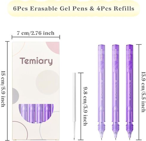 Temiary 6 Pcs Retractable Gel Pens & 4 Pcs Extra Refills, Black Ink 0.5 mm Fine Point, Smooth Writing for Journaling Note Taking, Aesthetic Rolling Ball Pen for Home School Office Supplies (Purple) in Kuwait