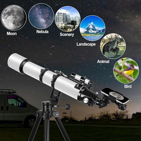 Telescopes for Adults Astronomy, 90mm Aperture 1000mm Refractor Telescopes for Adults Beginners Kids with High Precision Adjustment, Phone Adapter Holder, Ultra-Stable Vertisteel AZ Mount Base Tripod in Kuwait