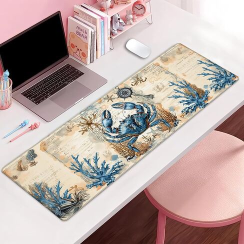 Vintage Marine Blue Crab Extra Large Gaming Mouse Pad, Desk Mat, Non-Slip Rubber Base, MousePads for School, Work, Home Accessories Decor Gifts 31.5" x 11.8" in Saudi Arabia