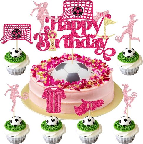 Gyufise 25Pcs Soccer Happy Birthday Cake Topper Decorations Glitter Soccer Ball Player Cupcake Toppers for Soccer Football Theme Birthday Sport Party Supplies Pink in Saudi Arabia