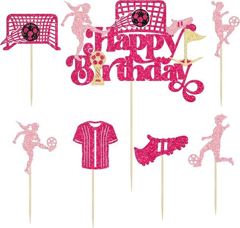 Gyufise 25Pcs Soccer Happy Birthday Cake Topper Decorations Glitter Soccer Ball Player Cupcake Toppers for Soccer Football Theme Birthday Sport Party Supplies Pink in Saudi Arabia