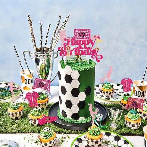 Gyufise 25Pcs Soccer Happy Birthday Cake Topper Decorations Glitter Soccer Ball Player Cupcake Toppers for Soccer Football Theme Birthday Sport Party Supplies Pink in Saudi Arabia