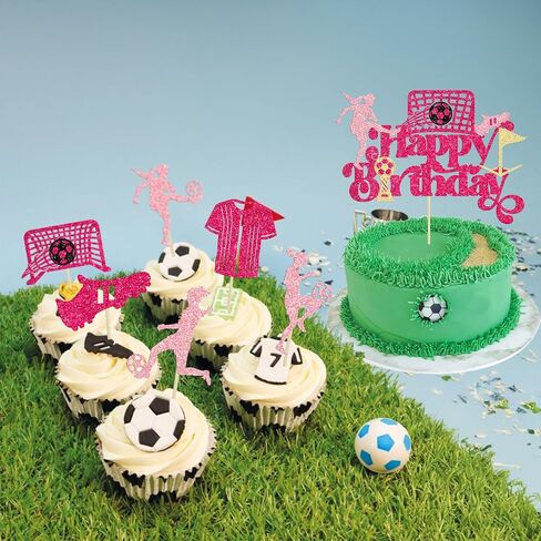 Gyufise 25Pcs Soccer Happy Birthday Cake Topper Decorations Glitter Soccer Ball Player Cupcake Toppers for Soccer Football Theme Birthday Sport Party Supplies Pink in Saudi Arabia