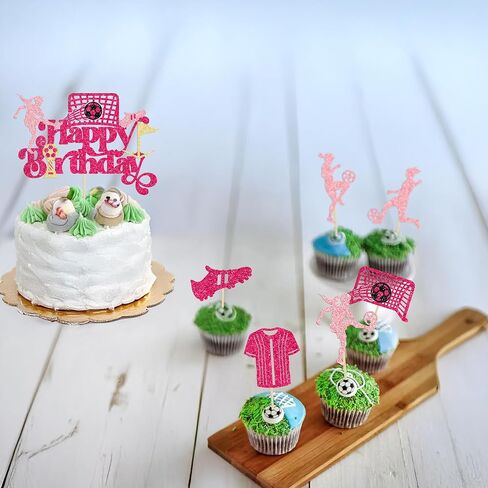 Gyufise 25Pcs Soccer Happy Birthday Cake Topper Decorations Glitter Soccer Ball Player Cupcake Toppers for Soccer Football Theme Birthday Sport Party Supplies Pink in Saudi Arabia