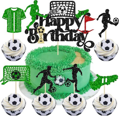 Gyufise 25Pcs Soccer Happy Birthday Cake Topper Decorations Glitter Soccer Ball Player Cupcake Toppers for Soccer Football Theme Birthday Sport Party Supplies Pink in Saudi Arabia