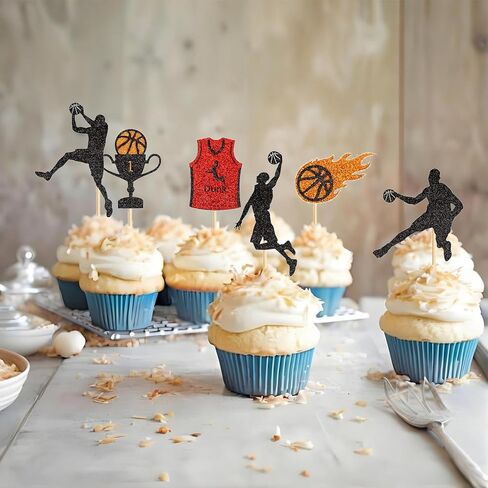24PCS Basketball Slam Dunk Cupcake Toppers Basketball Player Black Glitter Decorations for Physical Exercise Theme Party Basketball Theme Party Kids Boy Birthday Party Supplies in Kuwait