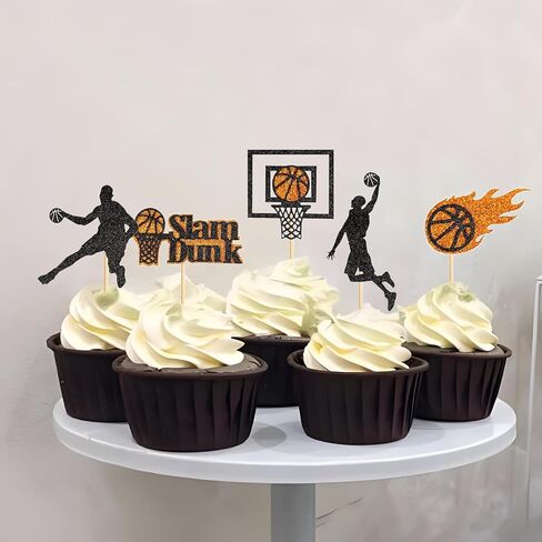 24PCS Basketball Slam Dunk Cupcake Toppers Basketball Player Black Glitter Decorations for Physical Exercise Theme Party Basketball Theme Party Kids Boy Birthday Party Supplies in Kuwait