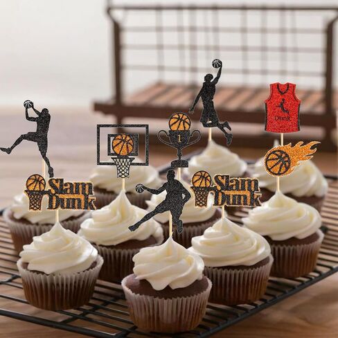24PCS Basketball Slam Dunk Cupcake Toppers Basketball Player Black Glitter Decorations for Physical Exercise Theme Party Basketball Theme Party Kids Boy Birthday Party Supplies in Kuwait