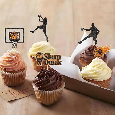 24PCS Basketball Slam Dunk Cupcake Toppers Basketball Player Black Glitter Decorations for Physical Exercise Theme Party Basketball Theme Party Kids Boy Birthday Party Supplies in Kuwait
