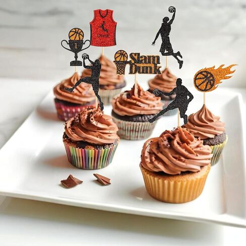 24PCS Basketball Slam Dunk Cupcake Toppers Basketball Player Black Glitter Decorations for Physical Exercise Theme Party Basketball Theme Party Kids Boy Birthday Party Supplies in Kuwait