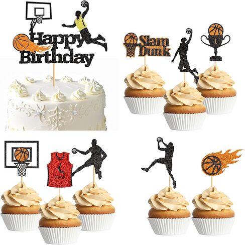 24PCS Basketball Slam Dunk Cupcake Toppers Basketball Player Black Glitter Decorations for Physical Exercise Theme Party Basketball Theme Party Kids Boy Birthday Party Supplies in Kuwait