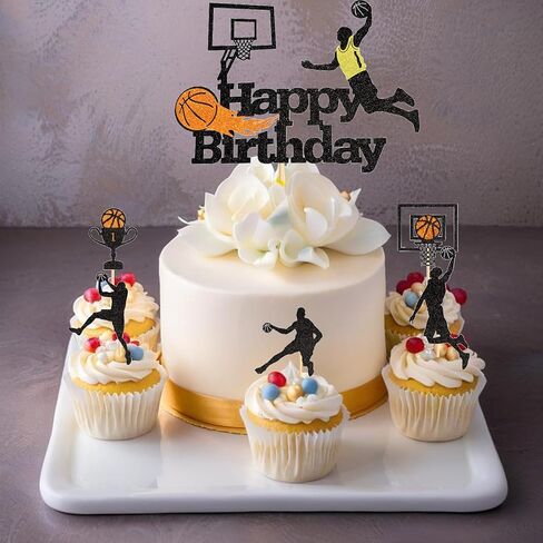 24PCS Basketball Slam Dunk Cupcake Toppers Basketball Player Black Glitter Decorations for Physical Exercise Theme Party Basketball Theme Party Kids Boy Birthday Party Supplies in Kuwait