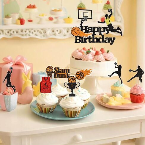 24PCS Basketball Slam Dunk Cupcake Toppers Basketball Player Black Glitter Decorations for Physical Exercise Theme Party Basketball Theme Party Kids Boy Birthday Party Supplies in Kuwait