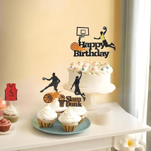 24PCS Basketball Slam Dunk Cupcake Toppers Basketball Player Black Glitter Decorations for Physical Exercise Theme Party Basketball Theme Party Kids Boy Birthday Party Supplies in Kuwait
