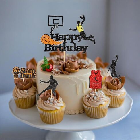 24PCS Basketball Slam Dunk Cupcake Toppers Basketball Player Black Glitter Decorations for Physical Exercise Theme Party Basketball Theme Party Kids Boy Birthday Party Supplies in Kuwait