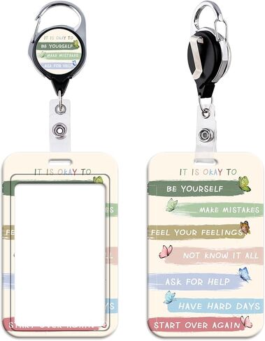 Inspirational Quote Work Retractable Badge Reel Preppy School Butterfly ID Holder Cute Reel Clip & Card Holder for Keys ID Badges for Women Girls Kids Staff Aesthetic Retractable Keychain(It's Ok) in Kuwait