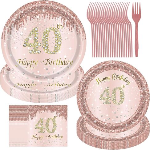40 Birthday Decorations for Women, 96PCS 40th Birthday Plates and Napkins Set Rose Gold Plates Pink Paper Plates Birthday Decorations for Girls Women 40 Year Old Party Supplies Serve 24 Guests in Saudi Arabia