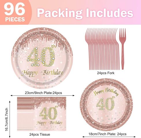 40 Birthday Decorations for Women, 96PCS 40th Birthday Plates and Napkins Set Rose Gold Plates Pink Paper Plates Birthday Decorations for Girls Women 40 Year Old Party Supplies Serve 24 Guests in Saudi Arabia