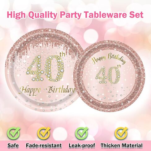 40 Birthday Decorations for Women, 96PCS 40th Birthday Plates and Napkins Set Rose Gold Plates Pink Paper Plates Birthday Decorations for Girls Women 40 Year Old Party Supplies Serve 24 Guests in Saudi Arabia