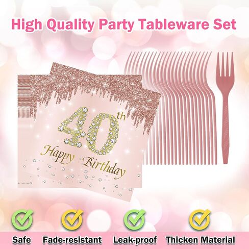 40 Birthday Decorations for Women, 96PCS 40th Birthday Plates and Napkins Set Rose Gold Plates Pink Paper Plates Birthday Decorations for Girls Women 40 Year Old Party Supplies Serve 24 Guests in Saudi Arabia
