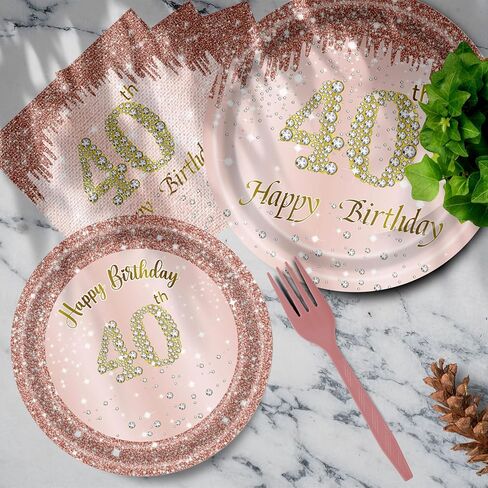 40 Birthday Decorations for Women, 96PCS 40th Birthday Plates and Napkins Set Rose Gold Plates Pink Paper Plates Birthday Decorations for Girls Women 40 Year Old Party Supplies Serve 24 Guests in Saudi Arabia