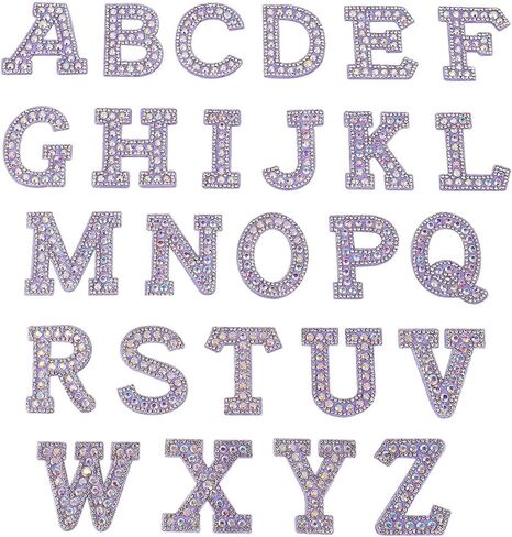 26pcs رسالة حجر الراين الحديد على رقعة شارة لامعة A-Z وميض الحروف الراين لؤلؤة اللوح DIY جينز ديكور شارات (ملصق قطعة قماش أرجوانية) in Kuwait