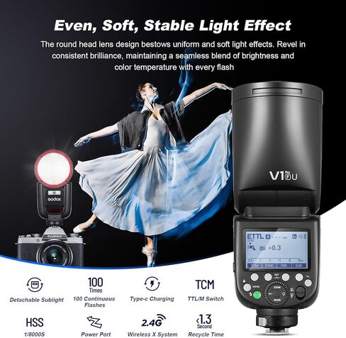 Godox V1 PRO-S Camera Flash for Sony TTL 2980mAh 76W Battery with External SU-1 Round Head 1/8000s HSS 1.3s Recycle Time 2.4G Wireless HSS 500 Full Power (V1PRO-S) in Kuwait