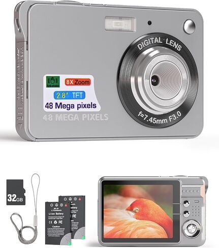 Andoer Digital Camera Compact: 4K 48MP,Auto Focus,16X Zoom,Anti-Shake, Face Detect,Smile Capture,Built-in Flash, with 2 Batteries and 32GB Card for Kids,Beginners- Silver in Kuwait
