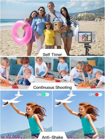 Andoer Digital Camera Compact: 4K 48MP,Auto Focus,16X Zoom,Anti-Shake, Face Detect,Smile Capture,Built-in Flash, with 2 Batteries and 32GB Card for Kids,Beginners- Silver in Kuwait