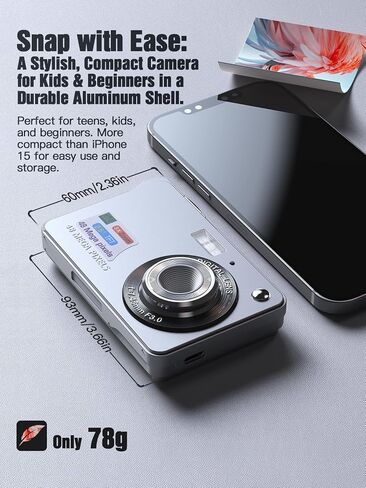 Andoer Digital Camera Compact: 4K 48MP,Auto Focus,16X Zoom,Anti-Shake, Face Detect,Smile Capture,Built-in Flash, with 2 Batteries and 32GB Card for Kids,Beginners- Silver in Kuwait