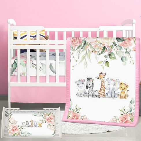 3 Pcs Baby Crib Bedding Set Baby Safari Animals Crib Bedding Set Watercolor Eucalyptus Jungle Animals Crib Set Includes Quilt,Fitted Crib Sheet, Crib Skirt for Baby Boy Girl(Safari) in Saudi Arabia