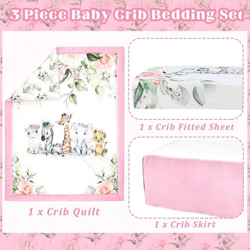 3 Pcs Baby Crib Bedding Set Baby Safari Animals Crib Bedding Set Watercolor Eucalyptus Jungle Animals Crib Set Includes Quilt,Fitted Crib Sheet, Crib Skirt for Baby Boy Girl(Safari) in Saudi Arabia