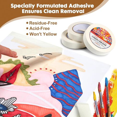 شريط فنان أبيض ، شريط تقنيع الفن ، شريط فنانين متوسطة خالية من الأحماض ، حزمة من 4 لفات ، 1 بوصة × 165 قدم ، للطلاء بالألوان المائية ، قماش ، رسم تلوين وغيره من فن الصياغة. in Kuwait
