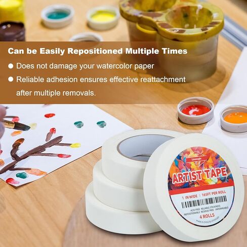 شريط فنان أبيض ، شريط تقنيع الفن ، شريط فنانين متوسطة خالية من الأحماض ، حزمة من 4 لفات ، 1 بوصة × 165 قدم ، للطلاء بالألوان المائية ، قماش ، رسم تلوين وغيره من فن الصياغة. in Kuwait