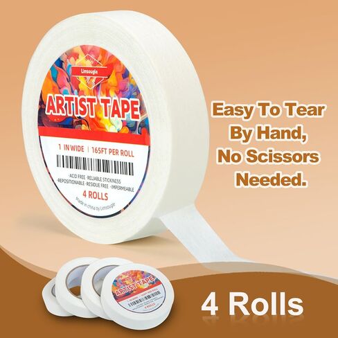 شريط فنان أبيض ، شريط تقنيع الفن ، شريط فنانين متوسطة خالية من الأحماض ، حزمة من 4 لفات ، 1 بوصة × 165 قدم ، للطلاء بالألوان المائية ، قماش ، رسم تلوين وغيره من فن الصياغة. in Kuwait
