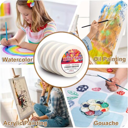 شريط فنان أبيض ، شريط تقنيع الفن ، شريط فنانين متوسطة خالية من الأحماض ، حزمة من 4 لفات ، 1 بوصة × 165 قدم ، للطلاء بالألوان المائية ، قماش ، رسم تلوين وغيره من فن الصياغة. in Kuwait