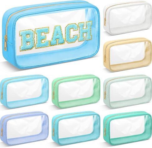 9 Pcs Preppy Clear Makeup Bag DIY Chenille Letter Pouch Large Nylon Makeup Bag Travel Toiletry Zipper Cosmetic Pouch Organizer Bags PVC Preppy Stuff for Women Girls, 9.5 x 5.1 x 2.8 Inch (Cream White) in Kuwait