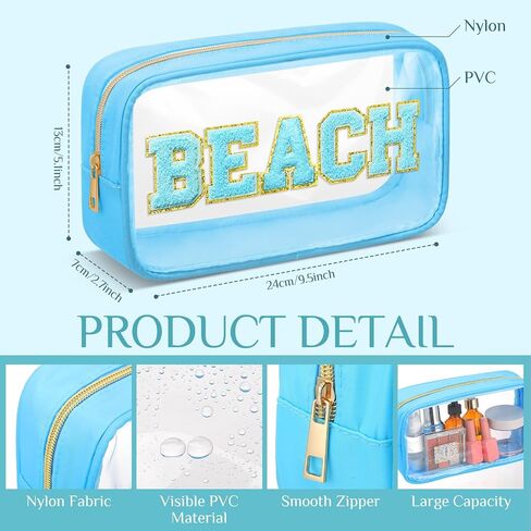 9 Pcs Preppy Clear Makeup Bag DIY Chenille Letter Pouch Large Nylon Makeup Bag Travel Toiletry Zipper Cosmetic Pouch Organizer Bags PVC Preppy Stuff for Women Girls, 9.5 x 5.1 x 2.8 Inch (Cream White) in Kuwait