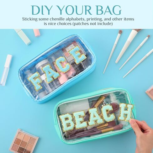 9 Pcs Preppy Clear Makeup Bag DIY Chenille Letter Pouch Large Nylon Makeup Bag Travel Toiletry Zipper Cosmetic Pouch Organizer Bags PVC Preppy Stuff for Women Girls, 9.5 x 5.1 x 2.8 Inch (Cream White) in Kuwait