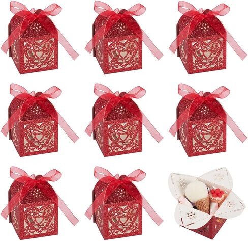 Elecrelive 10 pcs Wedding Favors Box with Ribbon Laser Cut Paper Hear Flowers Candy Boxes Glitter Rectangle Gift Package Boxes for Bridal Shower Party Anniversary Birthday Favor(Gold) in Saudi Arabia