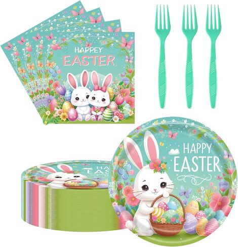 75 Pcs Easter Day Tableware Set Party Supplies,Happy Easter Bunny Party Disposable Decorations Paper Plates Napkins Forks for Kids Spring Celebrations Picnic Favors, Serve 25 in Saudi Arabia