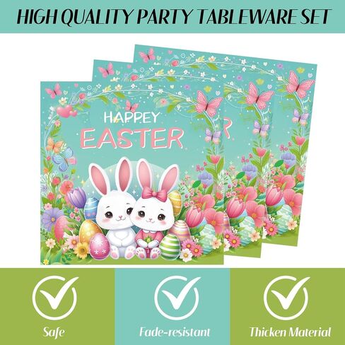 75 Pcs Easter Day Tableware Set Party Supplies,Happy Easter Bunny Party Disposable Decorations Paper Plates Napkins Forks for Kids Spring Celebrations Picnic Favors, Serve 25 in Saudi Arabia