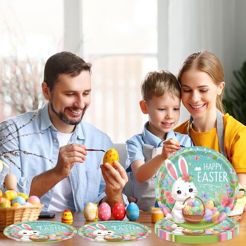 75 Pcs Easter Day Tableware Set Party Supplies,Happy Easter Bunny Party Disposable Decorations Paper Plates Napkins Forks for Kids Spring Celebrations Picnic Favors, Serve 25 in Saudi Arabia