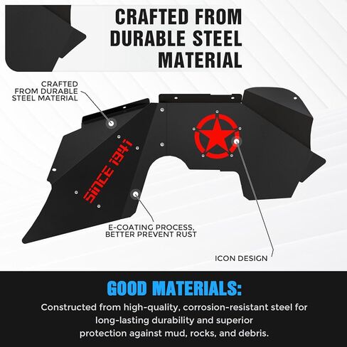 for Wrangler JK Front Inner Fender Liners Compatible with 2007-2018 Jeep Wrangler JK & JKU Unlimited 2/4 Doors, White Star Logo Wheel Well Liners Mud Guards Steel Fender Flares Cover (2 PCS) in Saudi Arabia